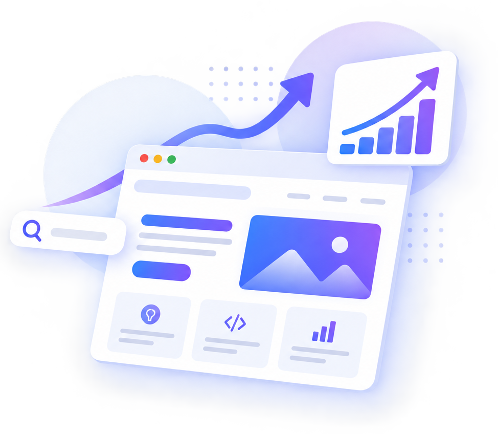 Illustration of a website dashboard with SEO search, growth chart and analytics panels